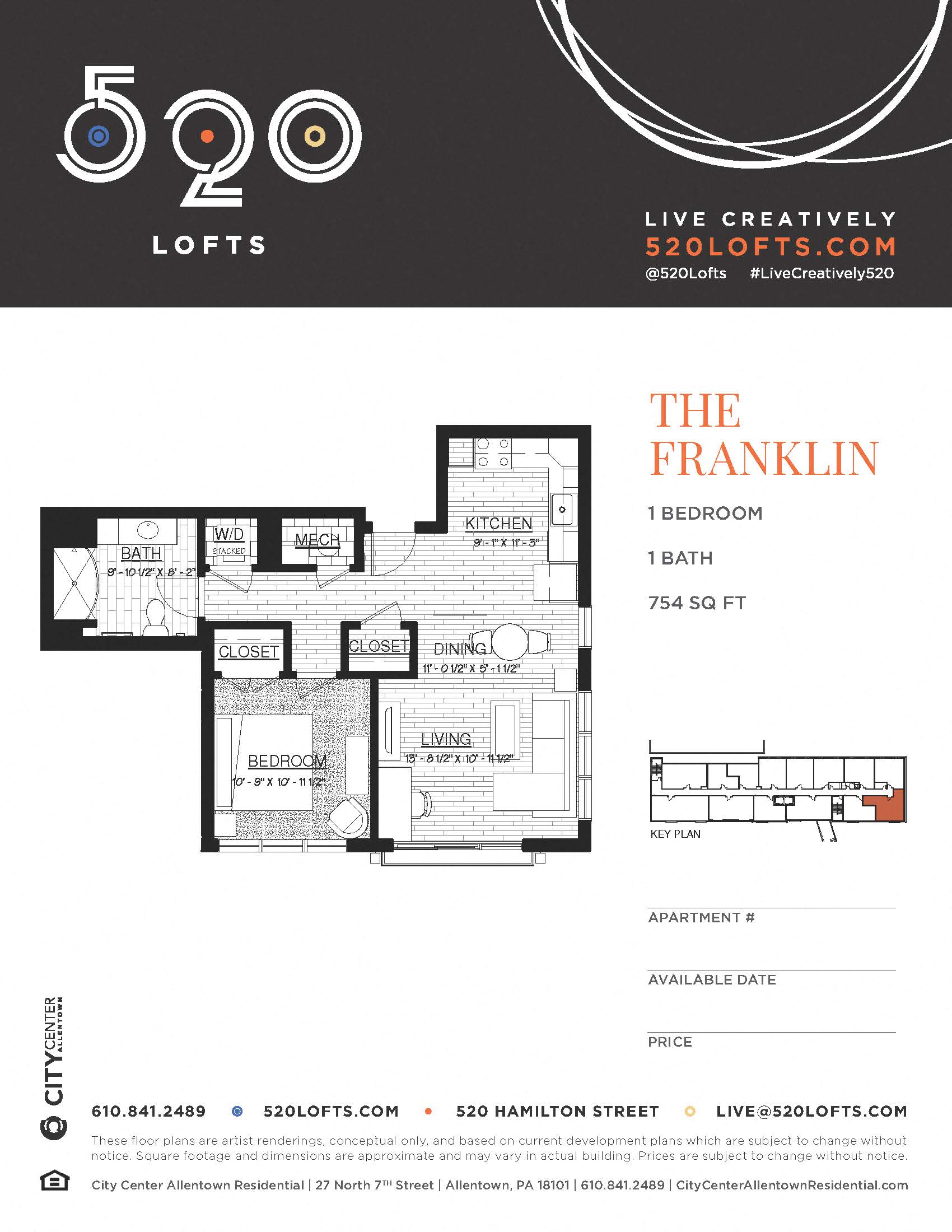 Floor plan for 1 bed, 1 bath, 754 sqft